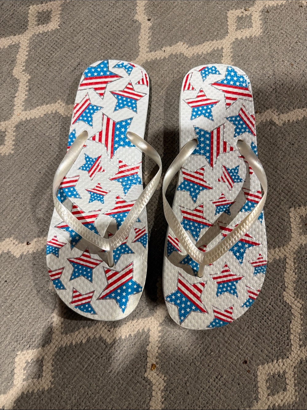 Old Navy Silver Strap Flip Flops with Red & Blue Star Print